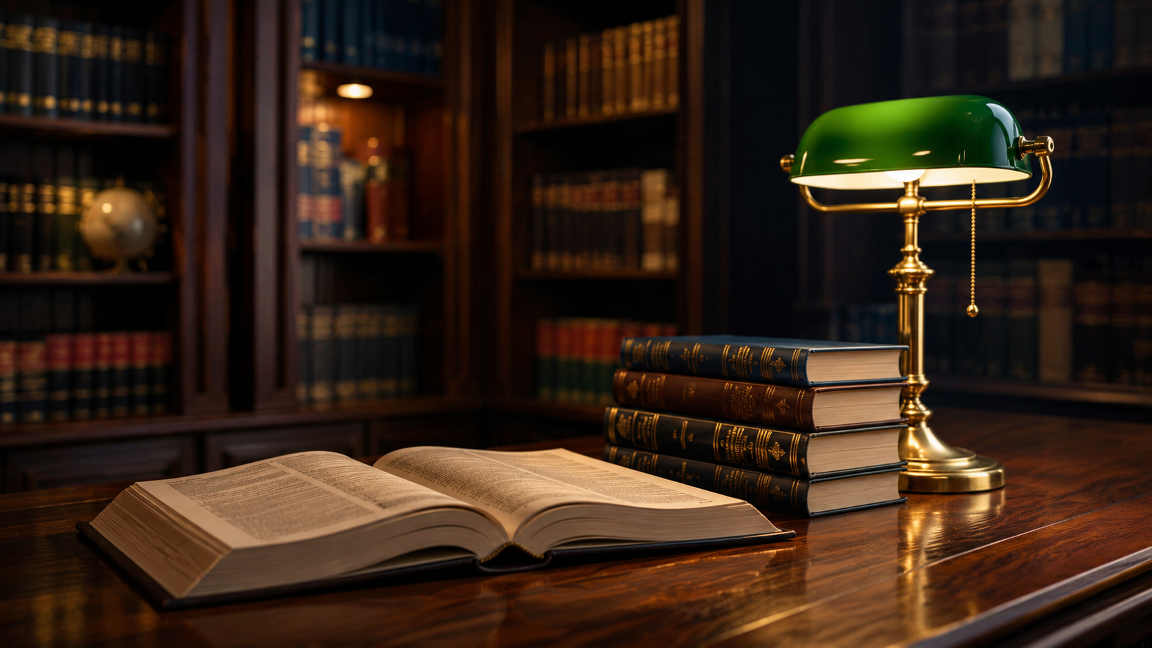 Law library with legal books and an open reference book